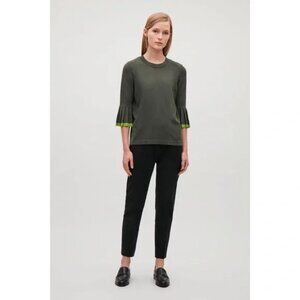 COS | Green Knit Top with Pleated 3/4 Sleeves & contrast cuff XS